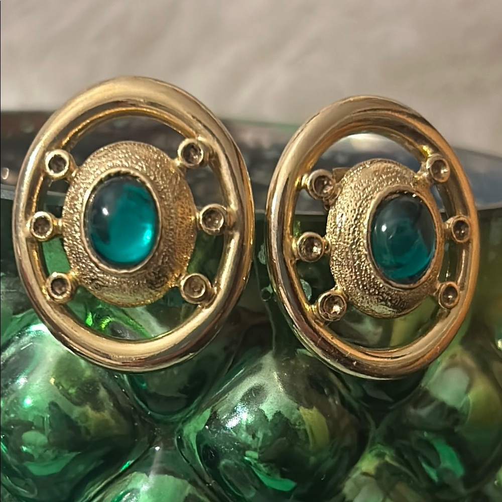 PAOLO (designed by Paolo Gucci) Vintage Gold-tone Teal Green Clip Earrings